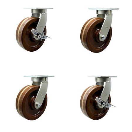 Service Caster 8'' Heavy Duty High Temp Phenolic Swivel Caster Set 2 Swivel Locks 2 Brakes, 4PK CRAN-SCC-KP92S830-PHRHT-BSL-2-SLB-2